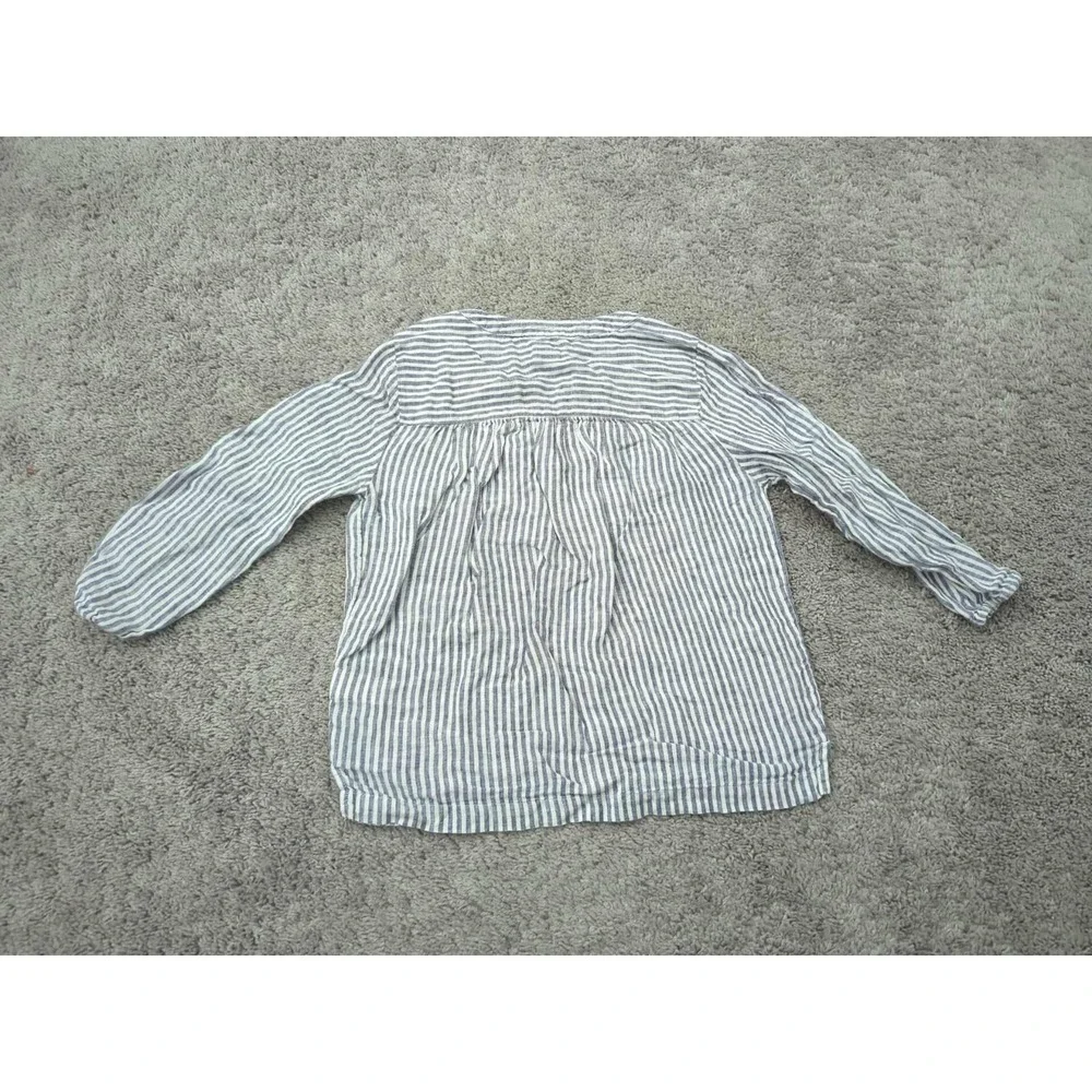 Sigrid‎ Olsen Shirt Womens XS Blue Vertical Stripes 3/4Sleeve Split V-Neck Linen
